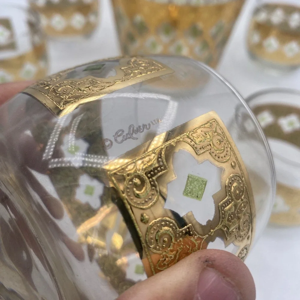 VTG Culver Green 22K Gold VALENCIA Ice bowl & Roly Poly Glasses BAR SET MCM